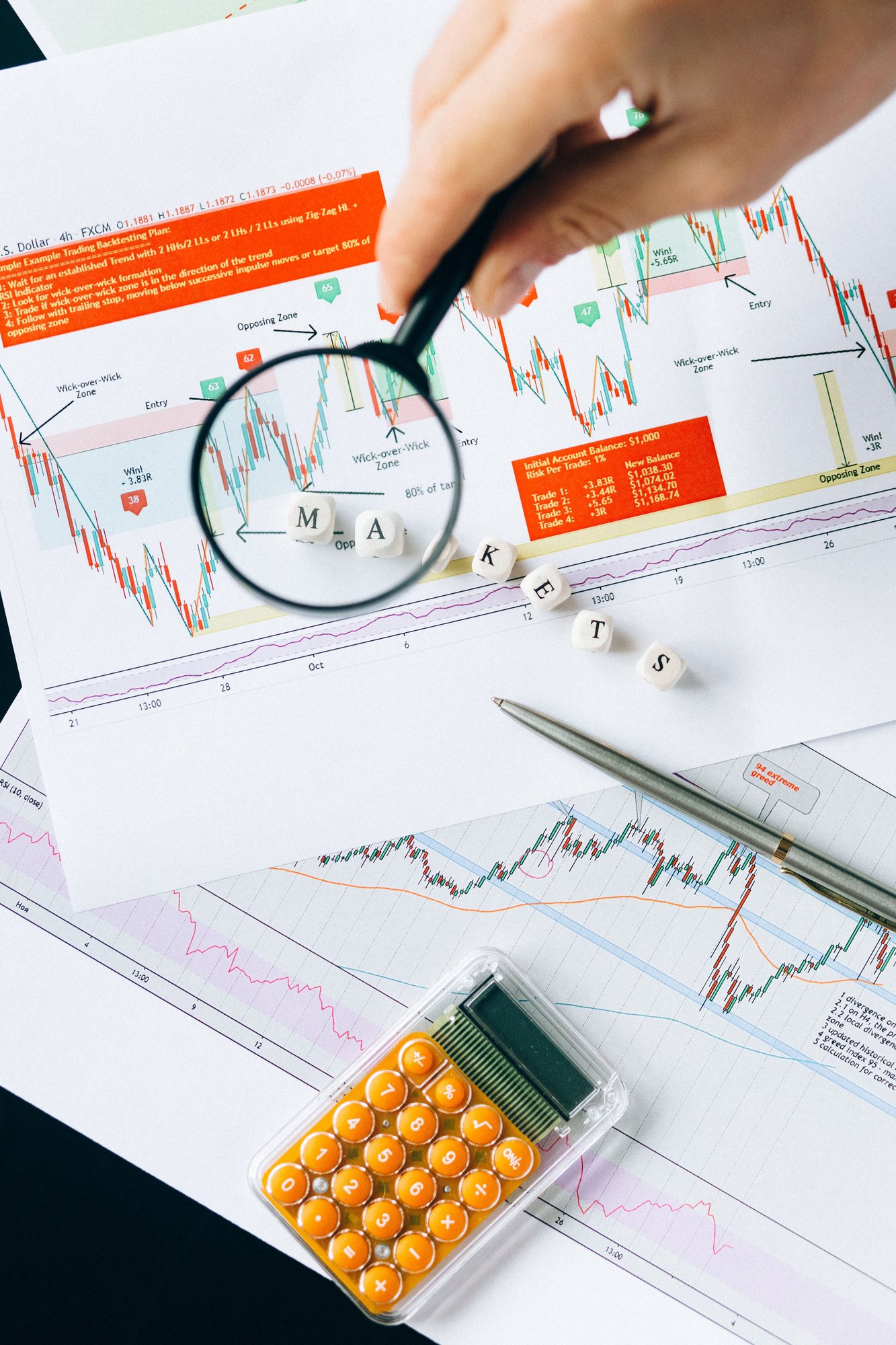 Lupa sobre gráficos e planilhas de análise financeira